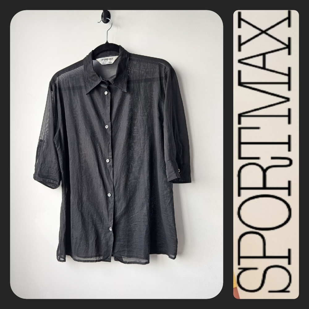 Sportmax Black Crepe Semi Sheer Button Down Short Sleeve Blouse
